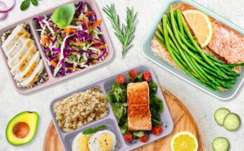 Meal prep containers with healthy food on a kitchen counter