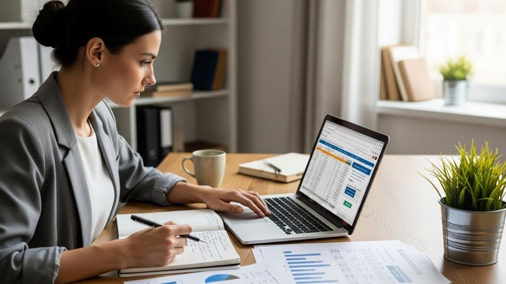 Small business owner reviewing financial documents and funding options on laptop while planning company growth