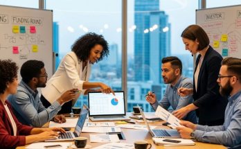 Entrepreneurs collaborating in a modern office space discussing startup financing strategies and business plans