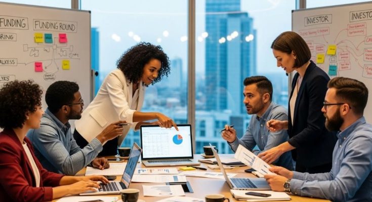Entrepreneurs collaborating in a modern office space discussing startup financing strategies and business plans