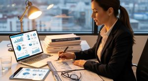 Business owner reviewing exit strategy documents and financial charts showing company growth metrics and valuation projections