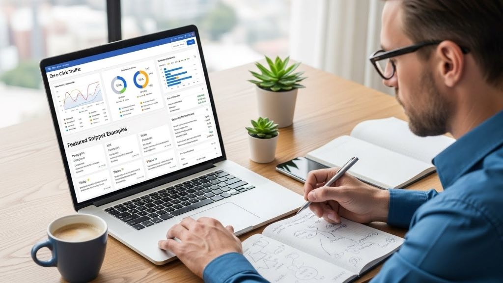 Business owner analyzing zero click traffic data on laptop screen with featured snippet examples displayed
