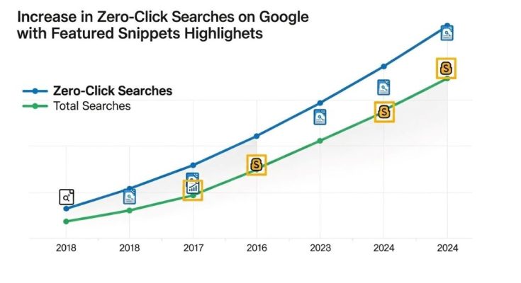 Graph showing the increase in zero click searches on Google search results over time with featured snippets highlighted
