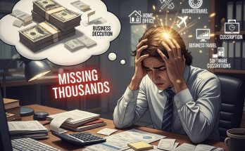 Small business owner reviewing tax deduction receipts and financial documents at desk