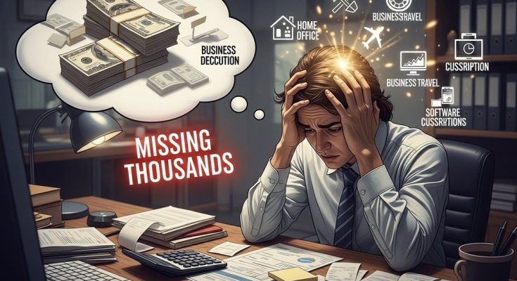 Small business owner reviewing tax deduction receipts and financial documents at desk