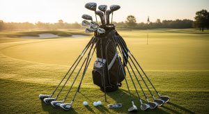 All-in-one golf set laid out on grass showing club selection