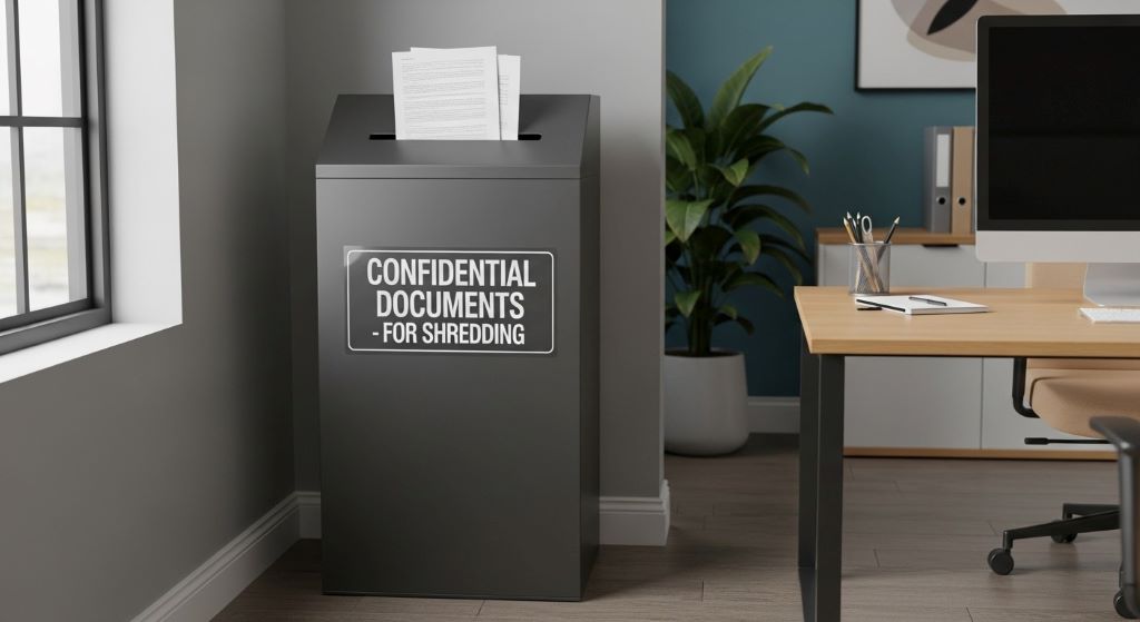 Secure document destruction bin in office environment collecting sensitive papers for safe disposal and shredding