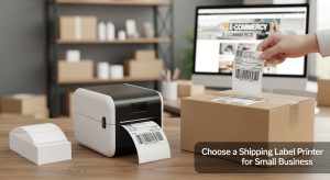 Small business owner using thermal printer for ecommerce shipping labels