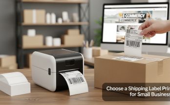 Small business owner using thermal printer for ecommerce shipping labels