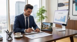 Real estate investor reviewing a property business plan with financial charts on a desk
