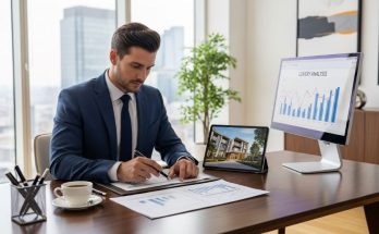 Real estate investor reviewing a property business plan with financial charts on a desk