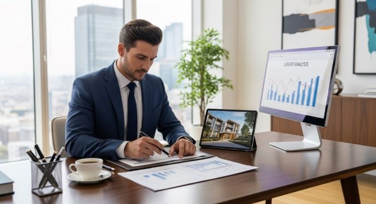 Real estate investor reviewing a property business plan with financial charts on a desk