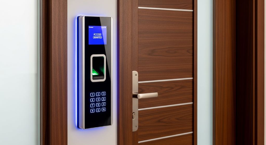 Modern biometric access control system panel installed on office door