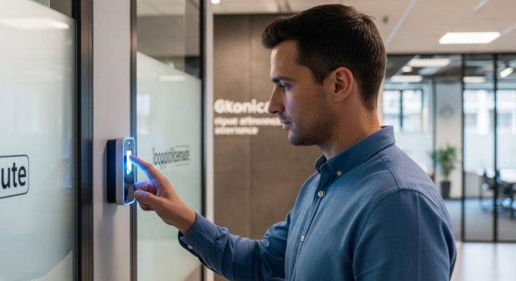 Employee scanning fingerprint on biometric attendance device at office entrance