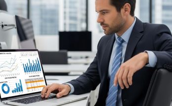 Business professional analyzing pricing strategy charts on a laptop