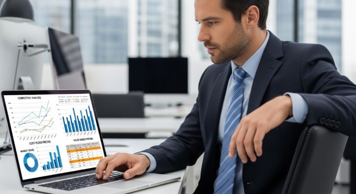 Business professional analyzing pricing strategy charts on a laptop