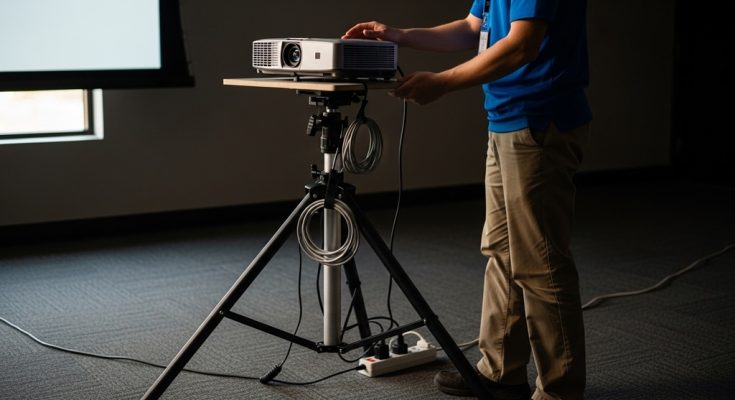 projector stand setup on flat surface with secure placement