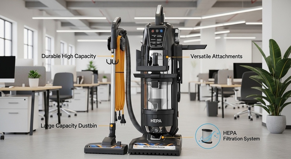professional cleaning staff using powerful suction vacuum in office building