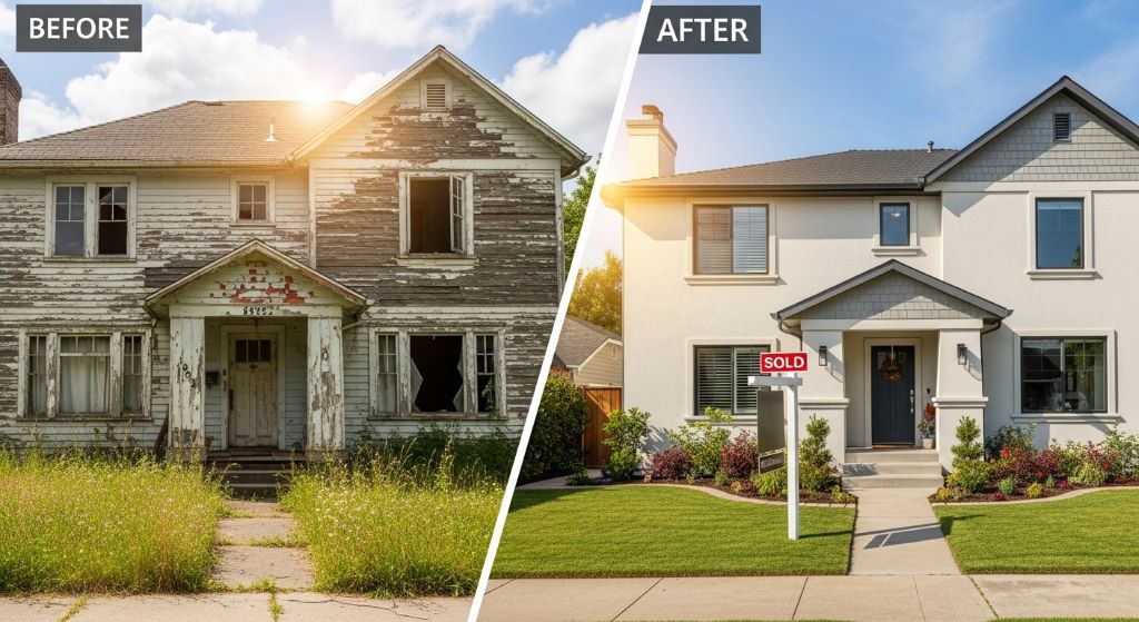 Before and after transformation of a flipped house showing renovation success