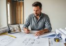 Investor reviewing blueprints and renovation plans for a real estate flipping project
