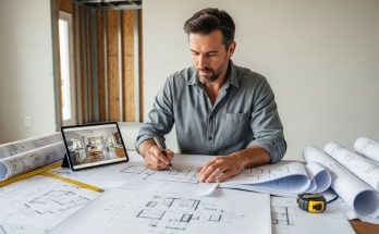 Investor reviewing blueprints and renovation plans for a real estate flipping project