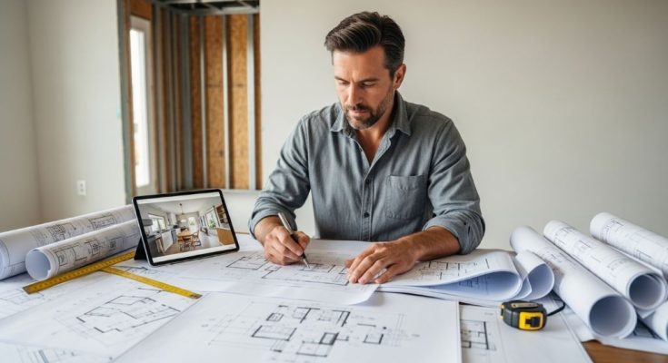 Investor reviewing blueprints and renovation plans for a real estate flipping project