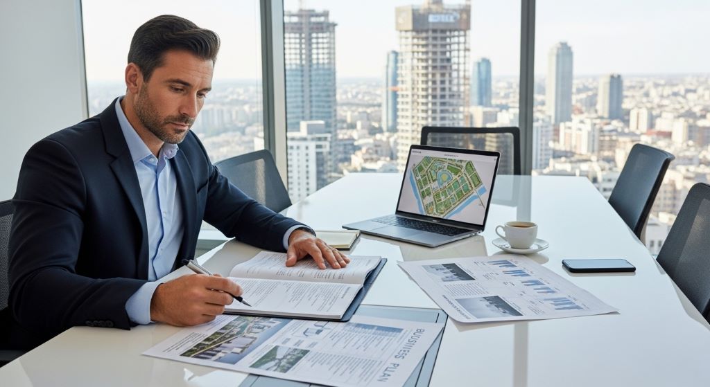 Developer reviewing a real estate business plan for a mixed-use building project