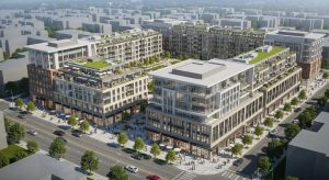 Aerial view of a mixed-use property development with retail, office, and residential floors