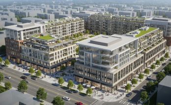 Aerial view of a mixed-use property development with retail, office, and residential floors