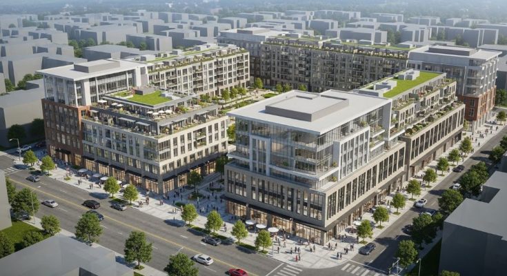 Aerial view of a mixed-use property development with retail, office, and residential floors