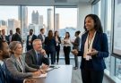 A confident professional shaking hands with a hiring manager inside