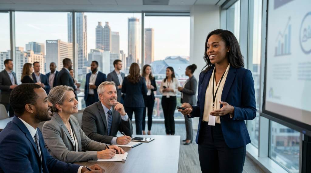 A job candidate reviewing a tailored resume with Atlanta skyline