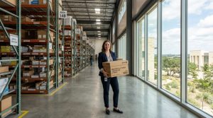 A professional shopper selecting a box of ledger-sized printer paper in a bright Texas supply warehouse.