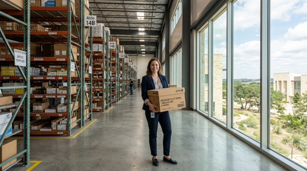 A professional shopper selecting a box of ledger-sized printer paper in a bright Texas supply warehouse.