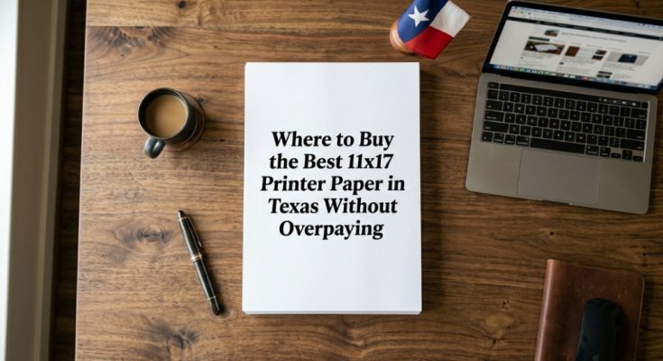 Featured image showing a stack of 11x17 paper on a desk with Texas-themed decor and article title overlay.