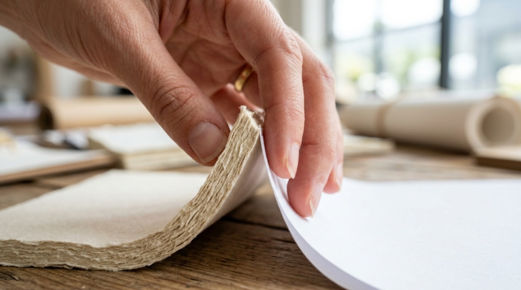 Close up of hands comparing thin 70 GSM paper and thick 300 GSM cardstock for printing quality.