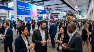 Financial professionals networking at Sibos 2026 inside the Miami Beach Convention Center, with exhibition stands and digital displays in the background