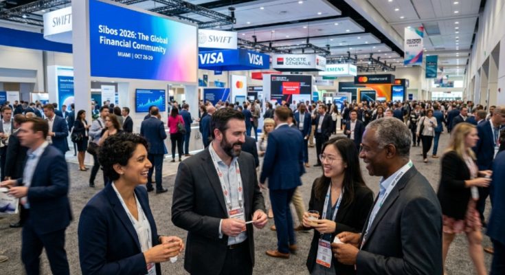 Financial professionals networking at Sibos 2026 inside the Miami Beach Convention Center, with exhibition stands and digital displays in the background