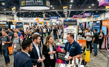 Entrepreneurs and suppliers networking on the busy exhibition floor at White Label World Expo 2026 at the Las Vegas Convention Center