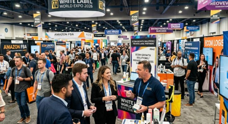 Entrepreneurs and suppliers networking on the busy exhibition floor at White Label World Expo 2026 at the Las Vegas Convention Center