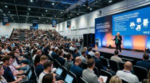 An expert speaker presenting private label e-commerce strategies to a packed seminar audience at White Label World Expo 2026 in London's ExCeL venue