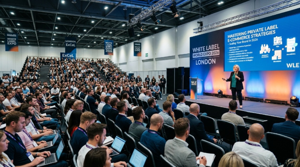 An expert speaker presenting private label e-commerce strategies to a packed seminar audience at White Label World Expo 2026 in London's ExCeL venue