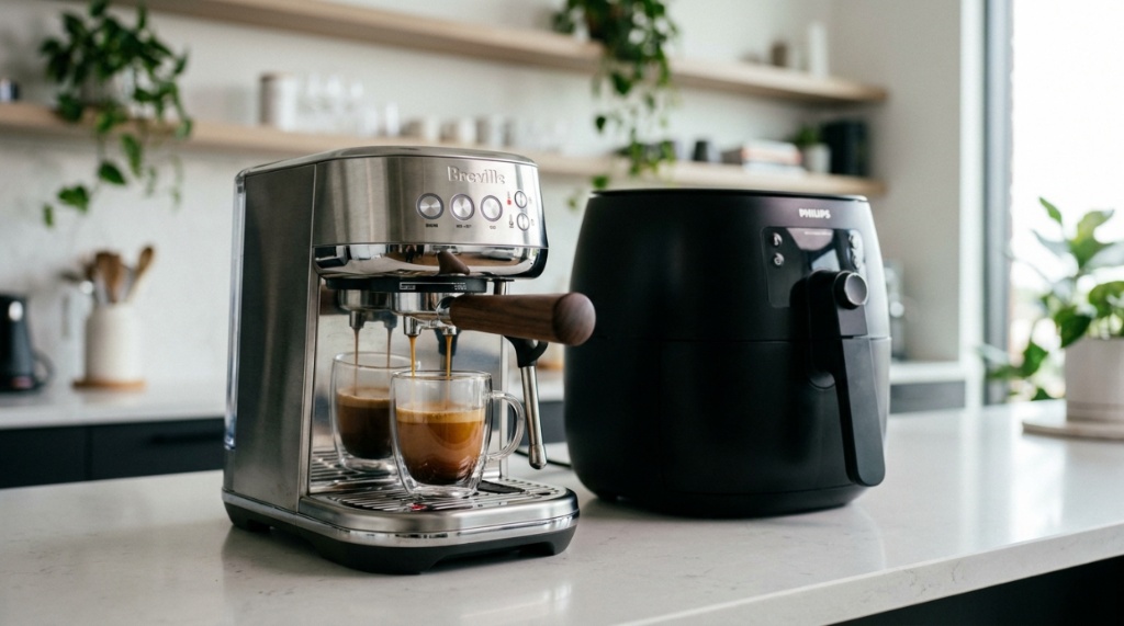 A sleek countertop espresso machine brewing fresh coffee into a glass mug.