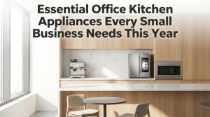A modern small office kitchen featuring an espresso machine and a compact refrigerator.