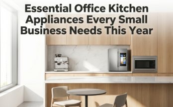 A modern small office kitchen featuring an espresso machine and a compact refrigerator.