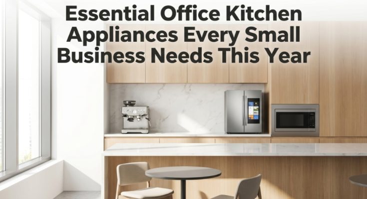 A modern small office kitchen featuring an espresso machine and a compact refrigerator.