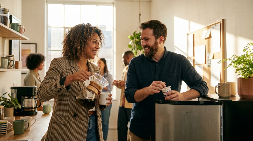 Two colleagues smiling and talking while pouring coffee in a bright office breakroom.