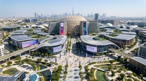 Aerial view of Expo City Dubai, the new venue for GITEX Global 2026, with futuristic architecture and open spaces