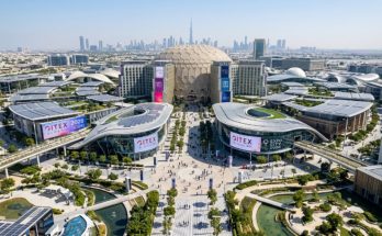 Aerial view of Expo City Dubai, the new venue for GITEX Global 2026, with futuristic architecture and open spaces