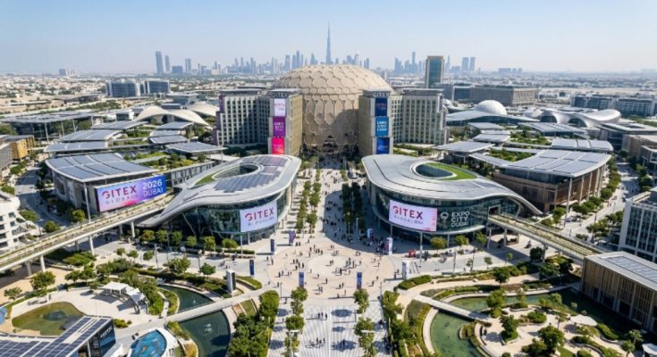 Aerial view of Expo City Dubai, the new venue for GITEX Global 2026, with futuristic architecture and open spaces